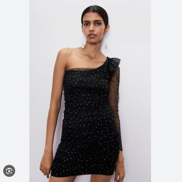 Zara Glitter Organza One Sleeve Mini Dress Black Size Small - Picture 4 of 10